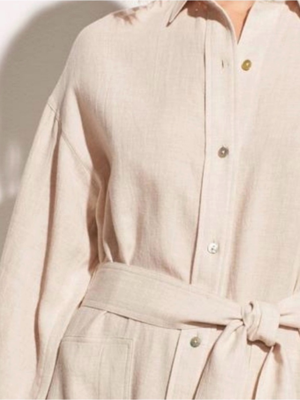 Vince Dove Oat Italian Fabric Belted Shirt Dress XS Neutral Midi Cotton Blend - Picture 2 of 12